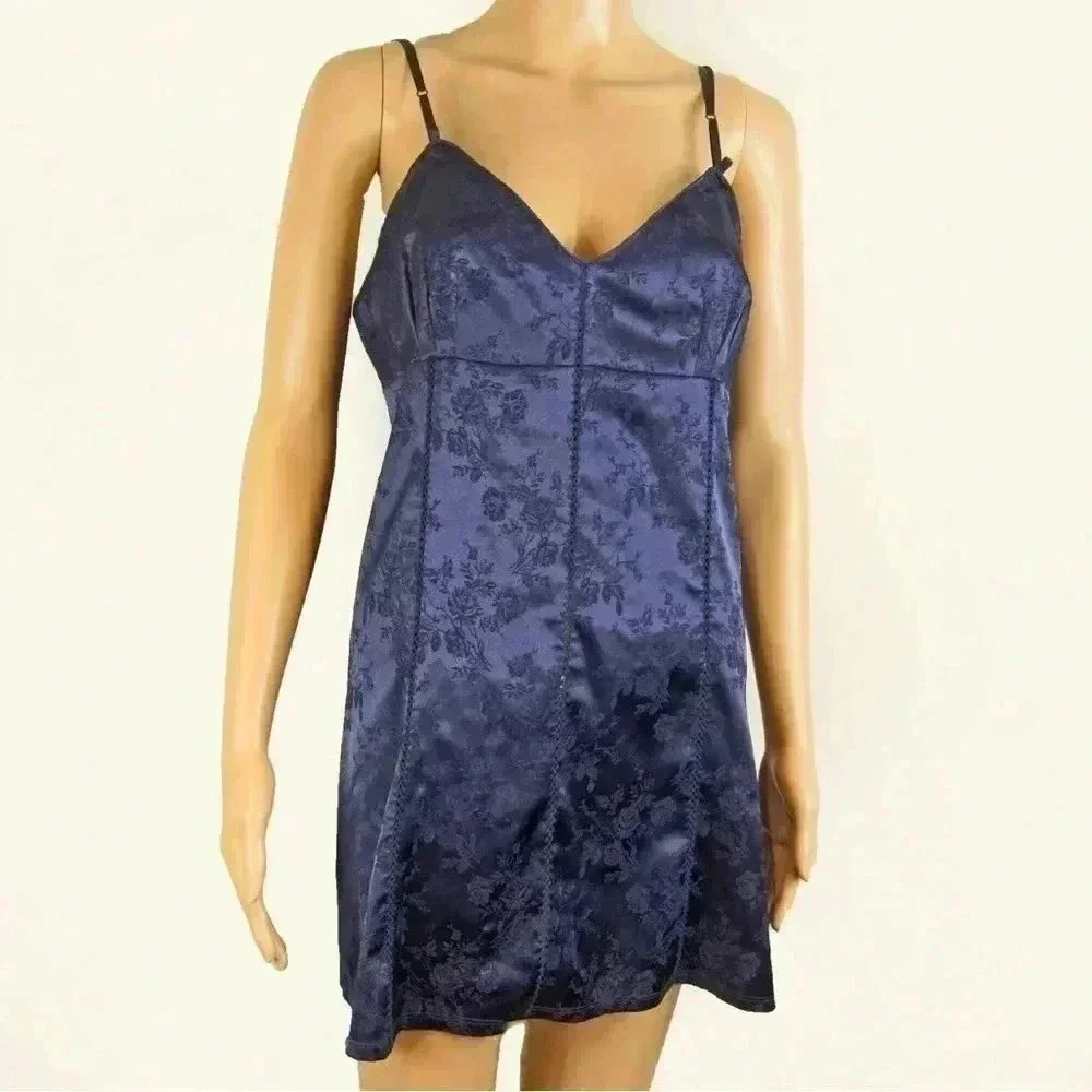 Vintage Y2K 2000s Victorias Secret Blue Floral Rose Corset Tie Back Slip Dress